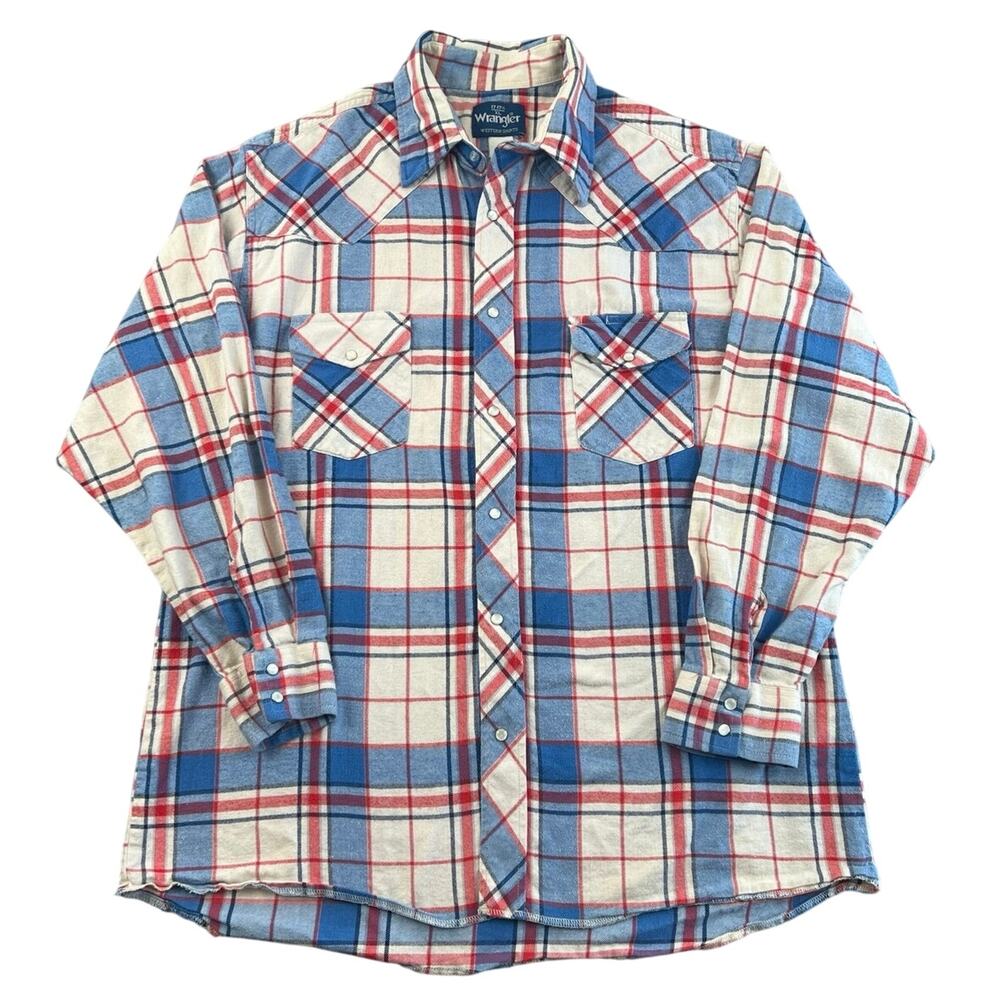 Vintage Y2K Wrangler Western Pearl Snap Plaid Flannel Shirt Red Blue XL 17-17.5